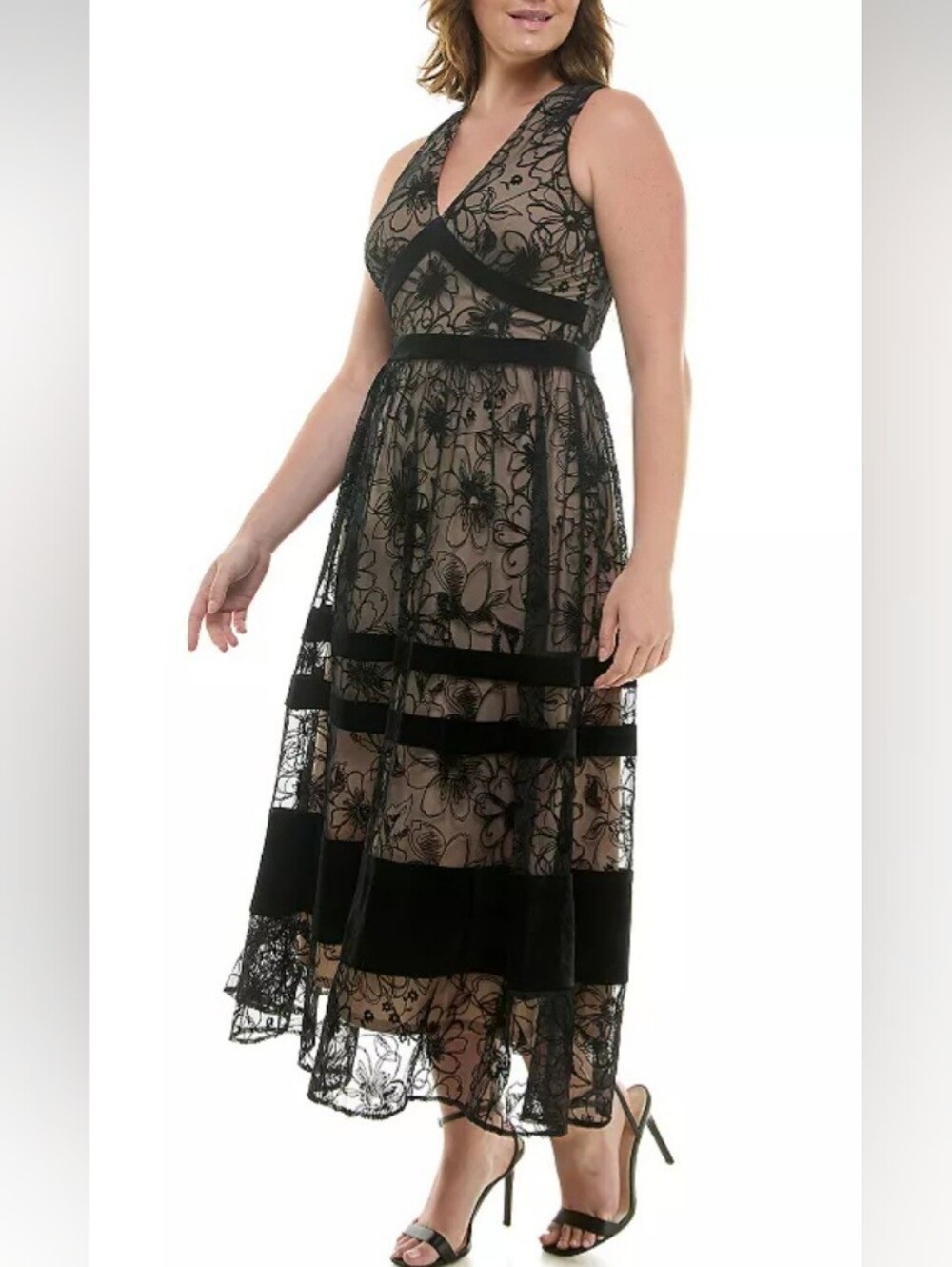 Taylor Black Floral Lace Midi Dress with Nude Underlay - Picture 3 of 16